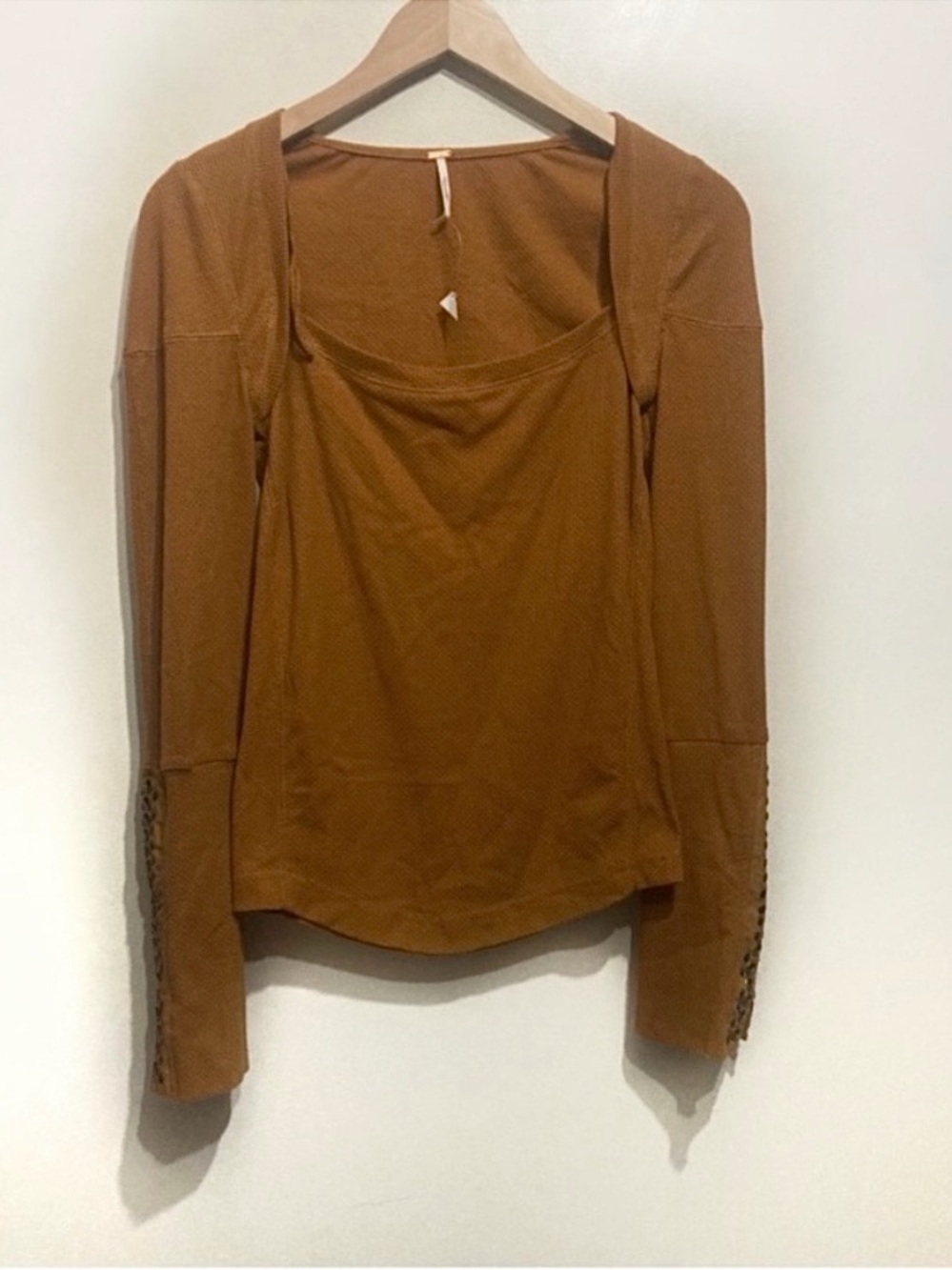 Free People A Little Unruly Longsleeve Thermal Top Rust Orange Eyelet Medium New - Picture 2 of 12